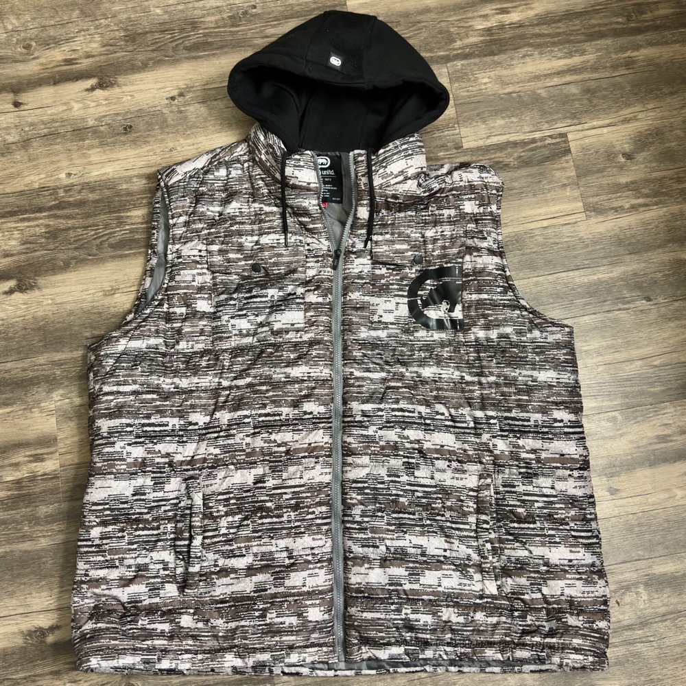 Ecko Unltd Hooded Puffy Puffer Vest Black/Gray Camouflage Hoodie Mens Size 3XL